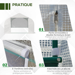 Serre Tunnel de Jardin dim. 6 x 3 x 2 m Porte + 8 fenêtres enroulables Acier bâche PE Haute densité Blanc