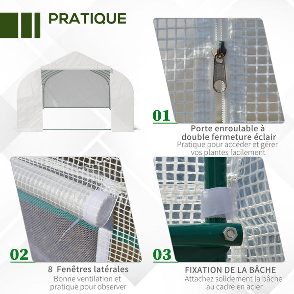 Serre Tunnel de Jardin dim. 6 x 3 x 2 m Porte + 8 fenêtres enroulables Acier bâche PE Haute densité Blanc