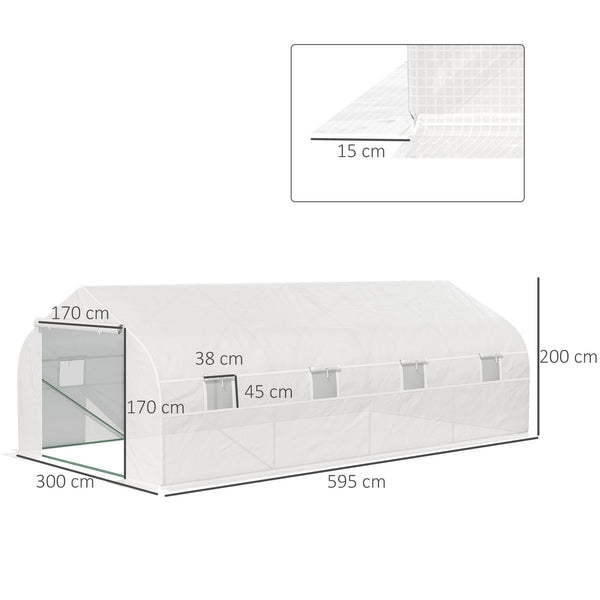Serre Tunnel de Jardin dim. 6 x 3 x 2 m Porte + 8 fenêtres enroulables Acier bâche PE Haute densité Blanc