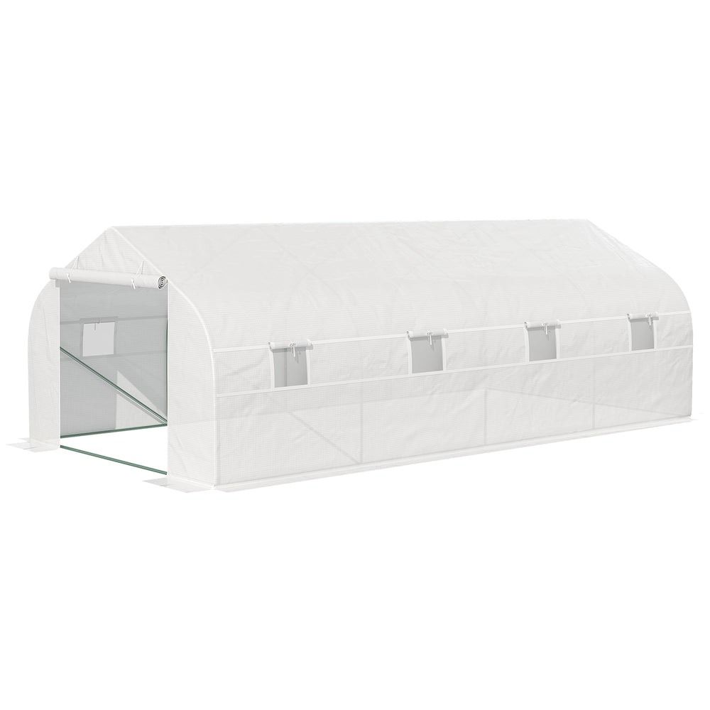 Serre Tunnel de Jardin dim. 6 x 3 x 2 m Porte + 8 fenêtres enroulables Acier bâche PE Haute densité Blanc