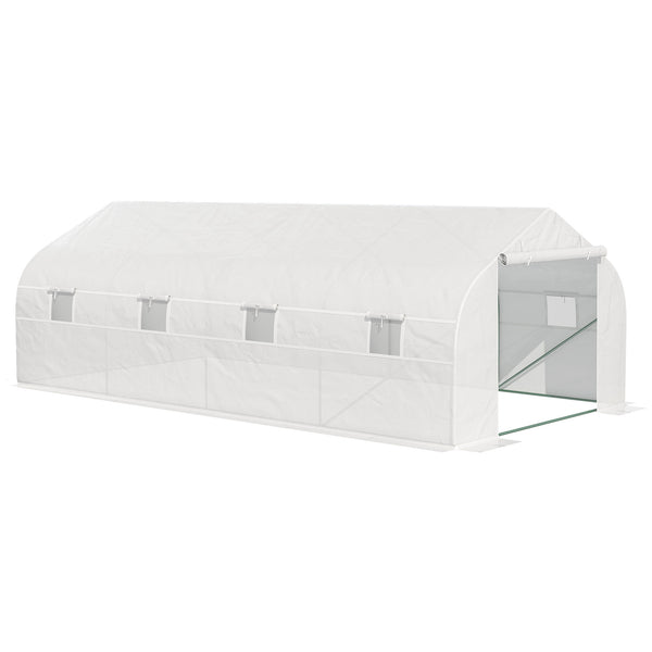 Serre Tunnel de Jardin dim. 6 x 3 x 2 m Porte + 8 fenêtres enroulables Acier bâche PE Haute densité Blanc