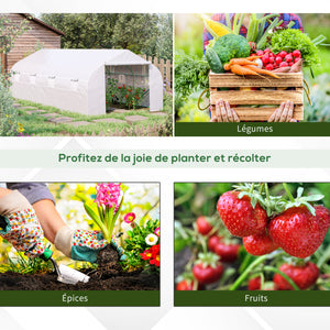 Serre Tunnel de Jardin dim. 6 x 3 x 2 m Porte + 8 fenêtres enroulables Acier bâche PE Haute densité Blanc