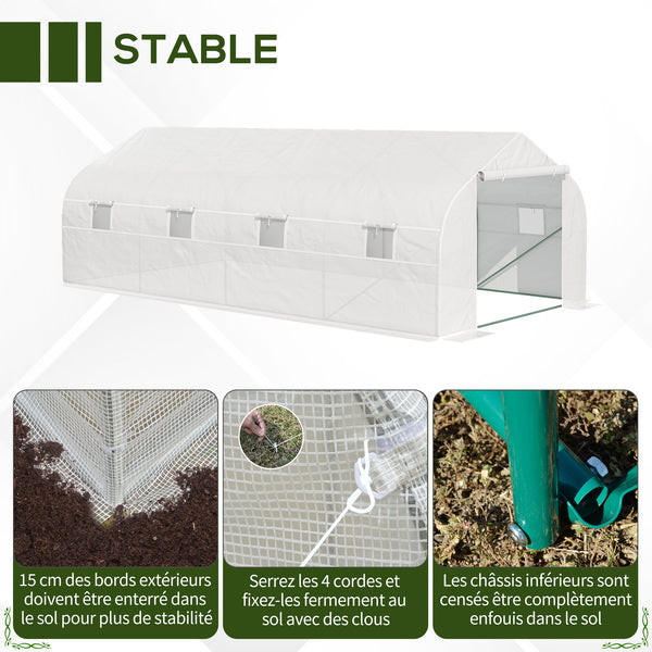 Serre Tunnel de Jardin dim. 6 x 3 x 2 m Porte + 8 fenêtres enroulables Acier bâche PE Haute densité Blanc