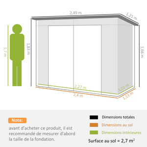 Abri de jardin en métal 3 m² facile à monter, cabane de jardin 249x121x183cm structure en acier galvanisé améliorée, cabanon rangement outils gants portes verrouillables 2 aérations, gris