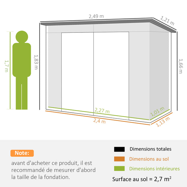 Abri de jardin en métal 3 m² facile à monter, cabane de jardin 249x121x183cm structure en acier galvanisé améliorée, cabanon rangement outils gants portes verrouillables 2 aérations, gris