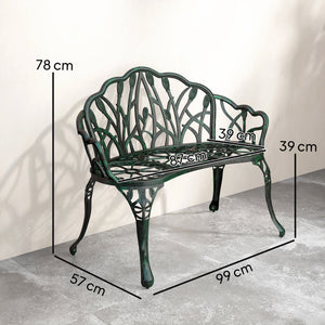 Banc de jardin en aluminium moulé, banc extérieur 2 places avec dossier tulipe, assise florale et accoudoirs, antirouille, pour terrasse, patio, pelouse, 99 x 57 x 78 cm, vert antique