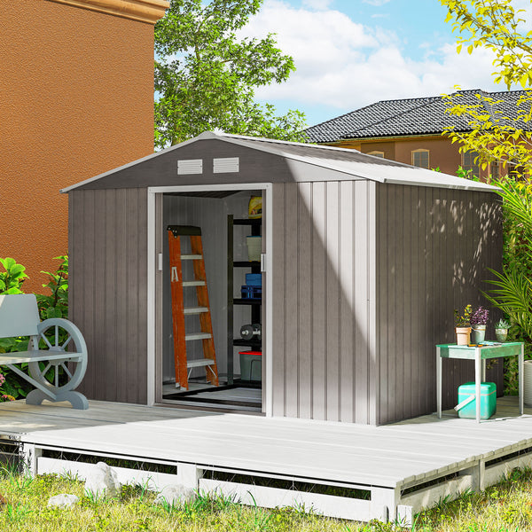 Abri de jardin en métal 5,4 m² cabane de jardin 277 x 195 x 192 cm cabanon rangement outils avec fondation, porte coulissante verrouillables et 4 aérations - marron clair