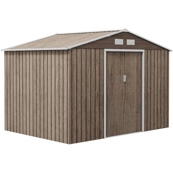 Abri de jardin en métal 5,4 m² cabane de jardin 277 x 195 x 192 cm cabanon rangement outils avec fondation, porte coulissante verrouillables et 4 aérations - marron clair