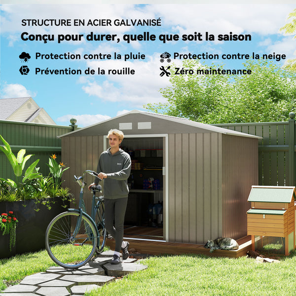 Abri de jardin en métal 5,4 m² cabane de jardin 277 x 195 x 192 cm cabanon rangement outils avec fondation, porte coulissante verrouillables et 4 aérations - marron clair