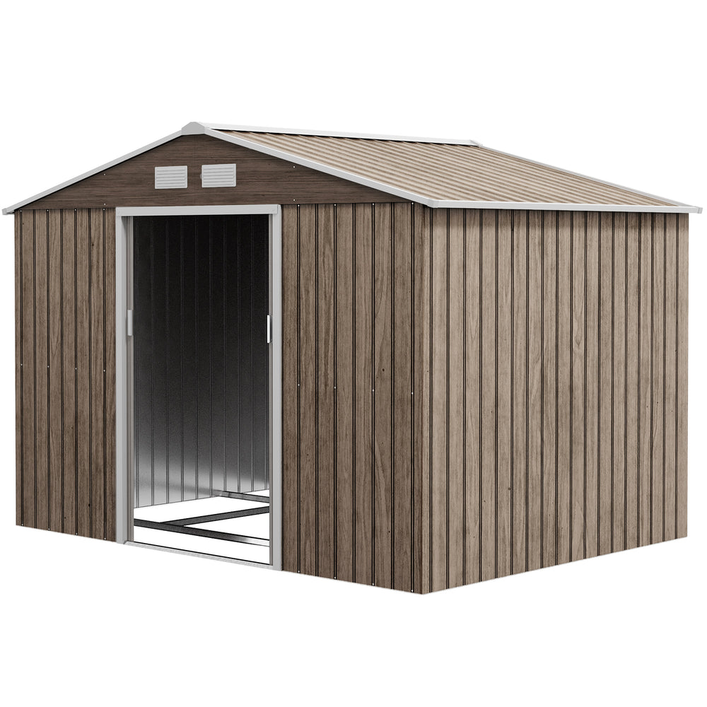 Abri de jardin en métal 5,4 m² cabane de jardin 277 x 195 x 192 cm cabanon rangement outils avec fondation, porte coulissante verrouillables et 4 aérations - marron clair