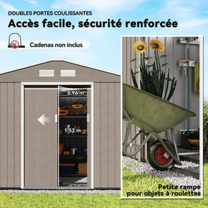 Abri de jardin en métal 5,4 m² cabane de jardin 277 x 195 x 192 cm cabanon rangement outils avec fondation, porte coulissante verrouillables et 4 aérations - marron clair