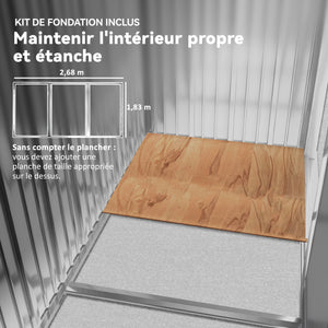 Abri de jardin en métal 5,4 m² cabane de jardin 277 x 195 x 192 cm cabanon rangement outils avec fondation, porte coulissante verrouillables et 4 aérations - marron clair