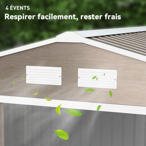 Abri de jardin en métal 5,4 m² cabane de jardin 277 x 195 x 192 cm cabanon rangement outils avec fondation, porte coulissante verrouillables et 4 aérations - marron clair
