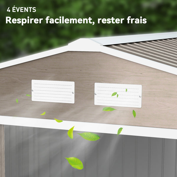 Abri de jardin en métal 5,4 m² cabane de jardin 277 x 195 x 192 cm cabanon rangement outils avec fondation, porte coulissante verrouillables et 4 aérations - marron clair