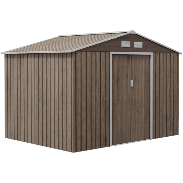 Abri de jardin en métal 5,4 m² cabane de jardin 277 x 195 x 192 cm cabanon rangement outils avec fondation, porte coulissante verrouillables et 4 aérations - marron clair