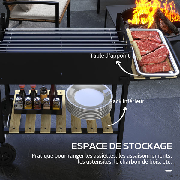 Barbecue à charbon BBQ grill sur pied avec double gril réglable 2 roues et 2 étagères dim. 113L x 53,5l x 82,5H cm noir