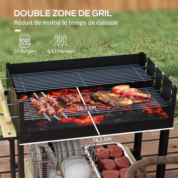 Barbecue à charbon BBQ grill sur pied avec double gril réglable 2 roues et 2 étagères dim. 113L x 53,5l x 82,5H cm noir