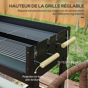 Barbecue à charbon BBQ grill sur pied avec double gril réglable 2 roues et 2 étagères dim. 113L x 53,5l x 82,5H cm noir