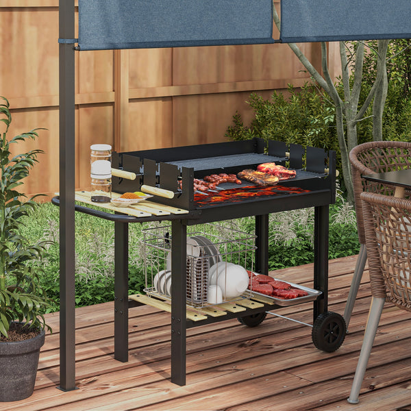 Barbecue à charbon BBQ grill sur pied avec double gril réglable 2 roues et 2 étagères dim. 113L x 53,5l x 82,5H cm noir