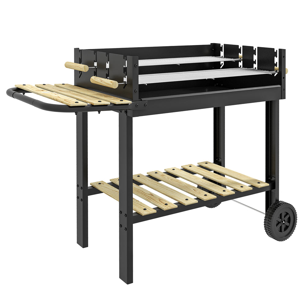 Barbecue à charbon BBQ grill sur pied avec double gril réglable 2 roues et 2 étagères dim. 113L x 53,5l x 82,5H cm noir
