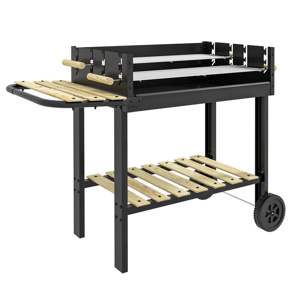 Barbecue à charbon BBQ grill sur pied avec double gril réglable 2 roues et 2 étagères dim. 113L x 53,5l x 82,5H cm noir