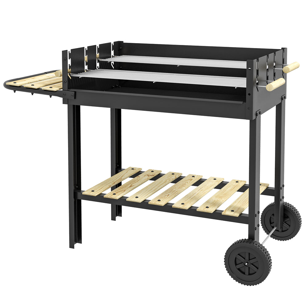 Barbecue à charbon BBQ grill sur pied avec double gril réglable 2 roues et 2 étagères dim. 113L x 53,5l x 82,5H cm noir