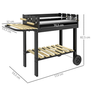 Barbecue à charbon BBQ grill sur pied avec double gril réglable 2 roues et 2 étagères dim. 113L x 53,5l x 82,5H cm noir