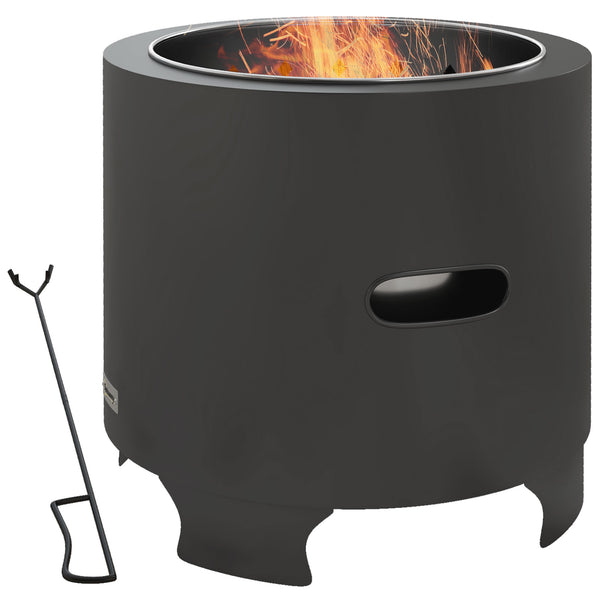 Brasero sans fumée foyer à bois extérieur rond portable en métal avec pot intérieur en acier inoxydable tisonnier poignées rainurées - diamètre 45 cm - noir