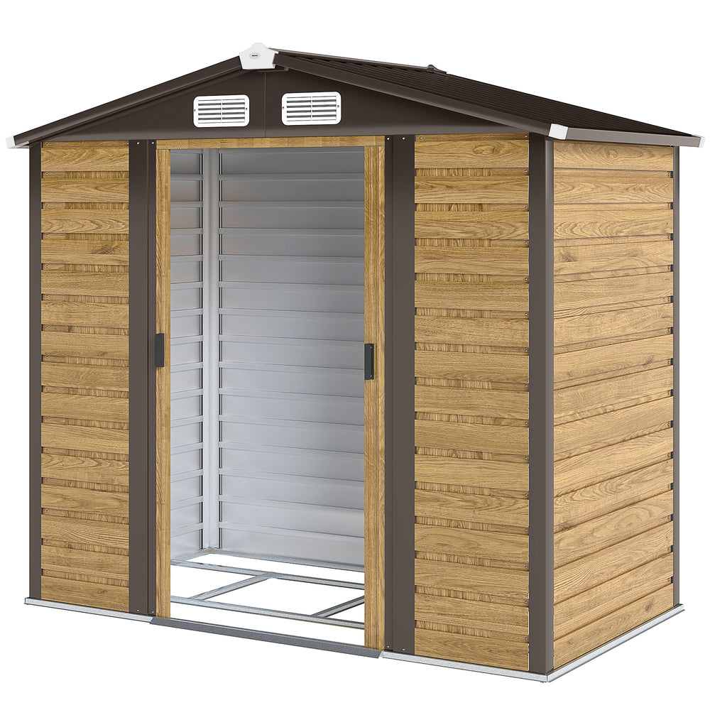 Abri de jardin en métal 2,36 m², cabane de jardin exterieur en acier galvanisé facile à monter, avec kit de fondation, portes doubles avec serrure abri à outils extérieur 213x120x194cm chêne