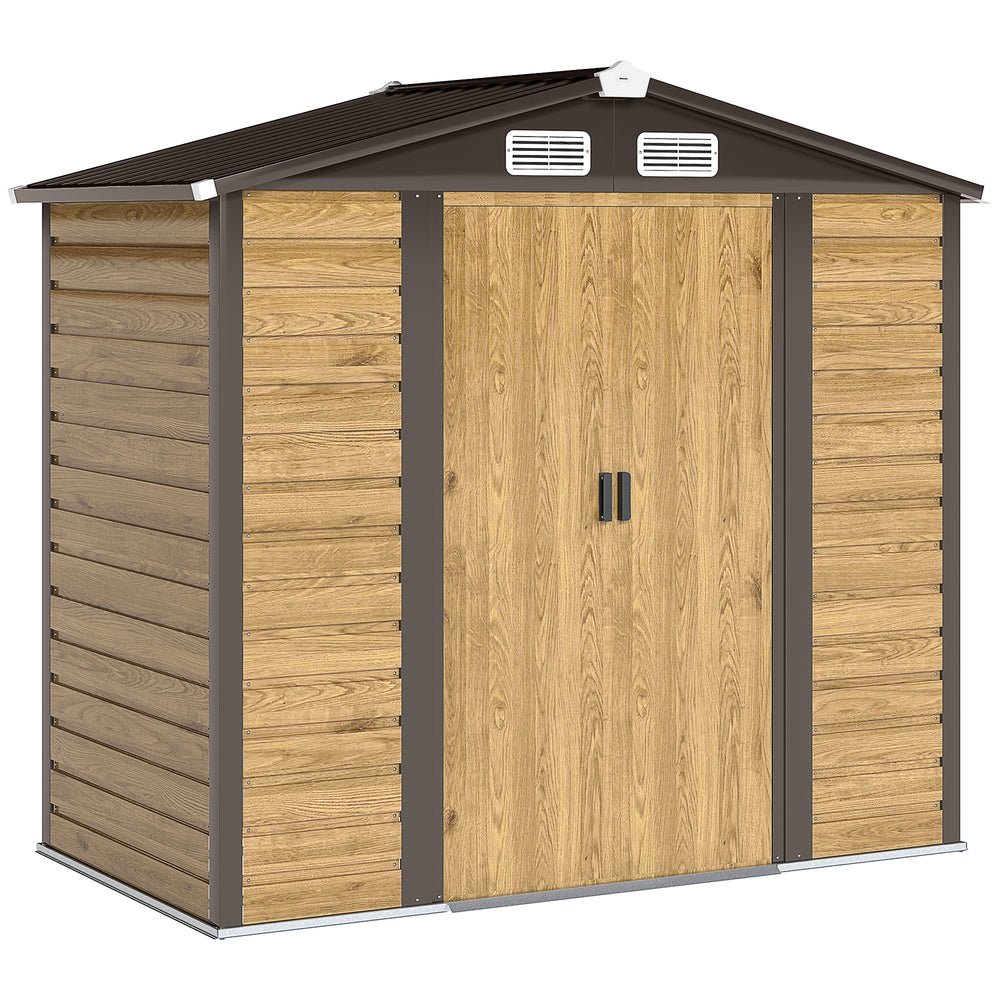 Abri de jardin en métal 2,36 m², cabane de jardin exterieur en acier galvanisé facile à monter, avec kit de fondation, portes doubles avec serrure abri à outils extérieur 213x120x194cm chêne