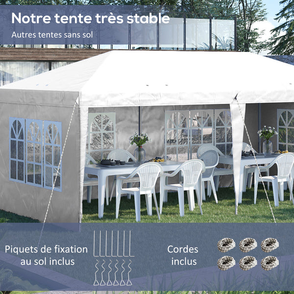 Tonnelle de jardin extérieure pop-up pliante - tente de réception - 3 x 6 m - pavillon chapiteau barnum - 3 cotés démontables - piquets d'ancrage au sol + sac de transport inclus blanc