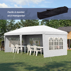 Tonnelle de jardin extérieure pop-up pliante - tente de réception - 3 x 6 m - pavillon chapiteau barnum - 3 cotés démontables - piquets d'ancrage au sol + sac de transport inclus blanc