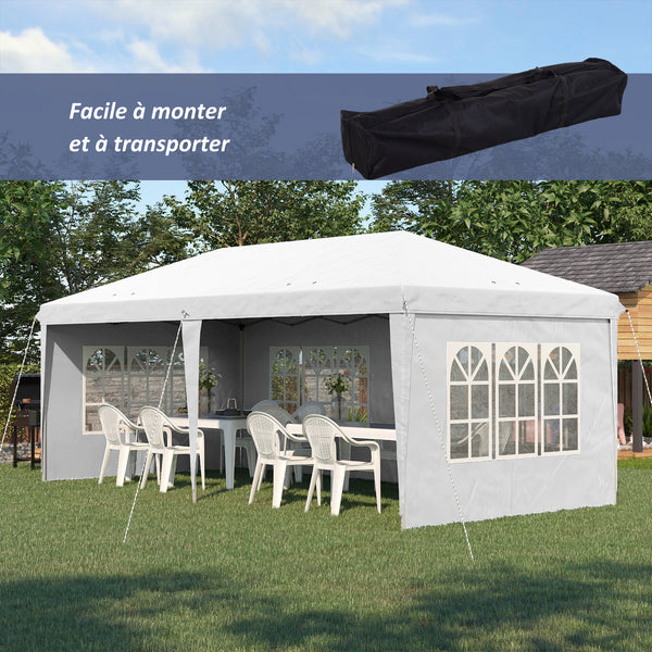 Tonnelle de jardin extérieure pop-up pliante - tente de réception - 3 x 6 m - pavillon chapiteau barnum - 3 cotés démontables - piquets d'ancrage au sol + sac de transport inclus blanc