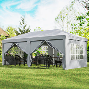 Tonnelle de jardin pliante 6 x 3 m tonnelle de jardin extérieure barnum pliant pop-up imperméabilisé 4 parois latérales amovibles 4 fenêtres + sac de transport gris clair