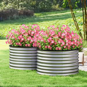 Lot de 2 jardinières surélevées kit de jardinière ronde surélevée fonds ouverts joints en caoutchouc protecteurs en acier galvanisé argent