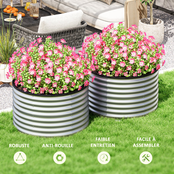 Lot de 2 jardinières surélevées kit de jardinière ronde surélevée fonds ouverts joints en caoutchouc protecteurs en acier galvanisé argent