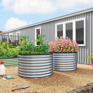 Lot de 2 jardinières surélevées kit de jardinière ronde surélevée fonds ouverts joints en caoutchouc protecteurs en acier galvanisé argent
