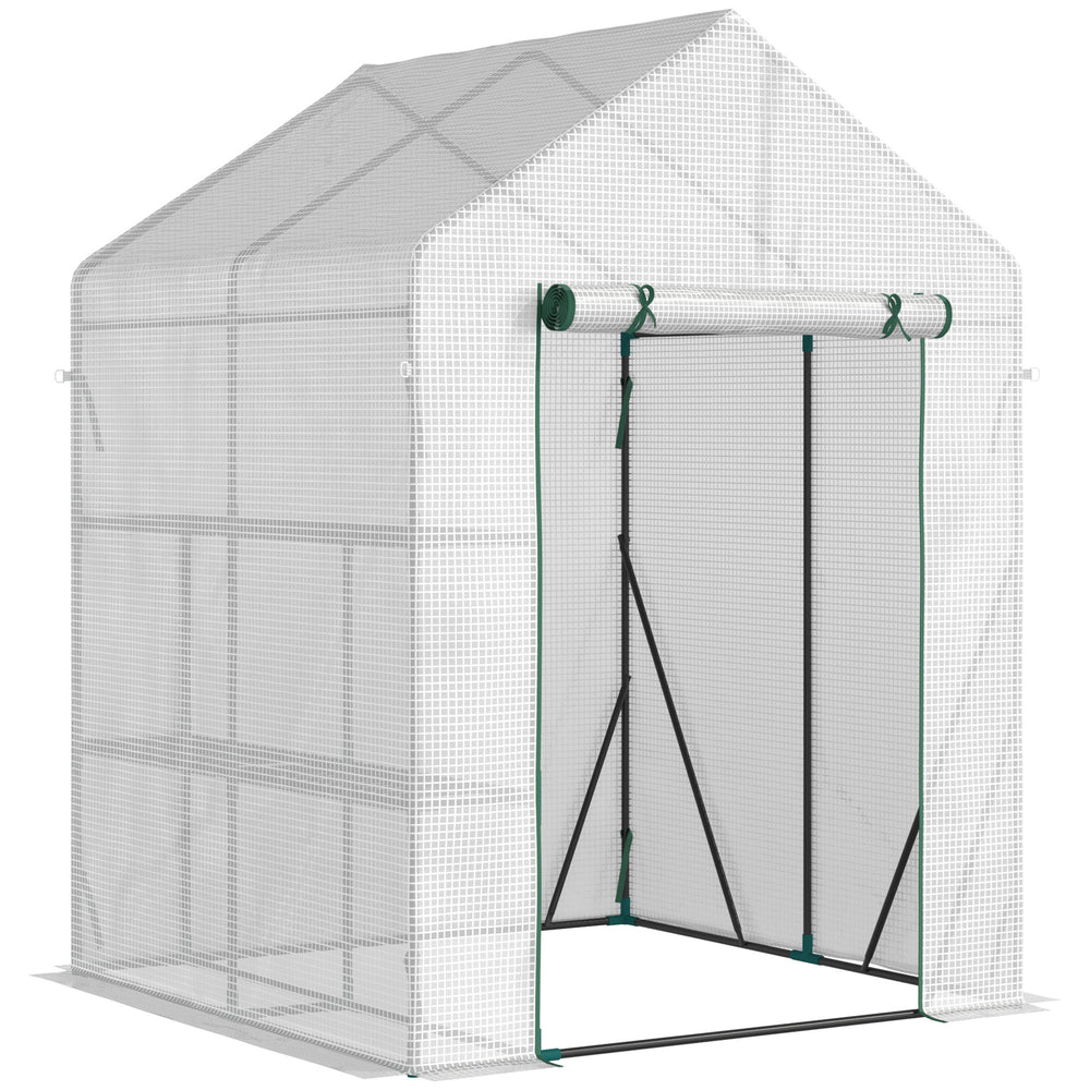 Serre de jardin PE avec étagères 2 niveaux, serre de balcon, bâche renforcée 140 g/m², châssis en acier, porte zippée enroulable, pour légumes plantes fleurs, 143x143x195cm, blanc