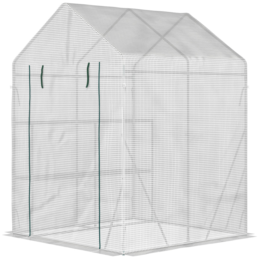 Serre de jardin PE avec étagères 2 niveaux, serre de balcon, bâche renforcée 140 g/m², châssis en acier, porte zippée enroulable, pour légumes plantes fleurs, 143x143x195cm, blanc