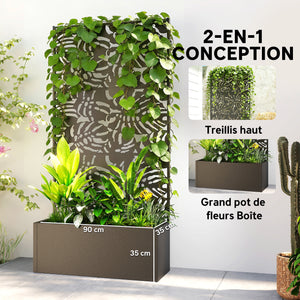 Jardinière avec treillis, bac à fleurs, lit surélevé avec brise-vue, pour plantes grimpantes, légumes, fleurs, métal, intérieur et extérieur, cour jardin balcon, 90 x 37,5 x 180 cm, noir