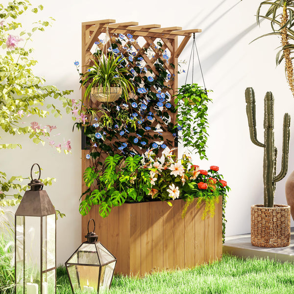 Potager surélevé avec treillage, jardinière en bois, 64 x 33 x 122cm pour jardin balcon terrasse, pour plantes grimpantes et en panier, fleurs