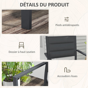 Ensemble de 4 chaises de jardin empilables en aluminium et textilène avec accoudoirs, lot de 4 pièces pour extérieur, gris