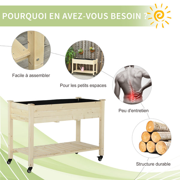 Jardinière sur Pieds - Potager sur roulettes - étagère, Inserts d'irrigation, Feutre de Drainage Inclus - Bois Massif Sapin