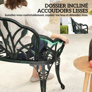 Banc de jardin en aluminium moulé, banc extérieur 2 places avec dossier tulipe, assise florale et accoudoirs, antirouille, pour terrasse, patio, pelouse, 99 x 57 x 78 cm, vert antique