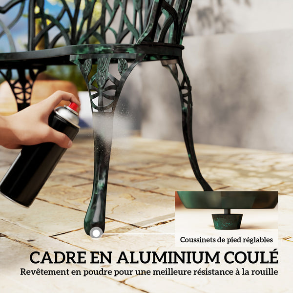 Banc de jardin en aluminium moulé, banc extérieur 2 places avec dossier tulipe, assise florale et accoudoirs, antirouille, pour terrasse, patio, pelouse, 99 x 57 x 78 cm, vert antique