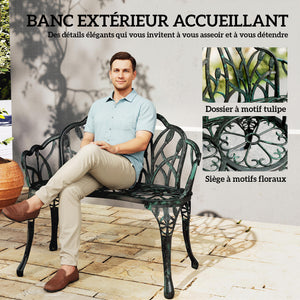 Banc de jardin en aluminium moulé, banc extérieur 2 places avec dossier tulipe, assise florale et accoudoirs, antirouille, pour terrasse, patio, pelouse, 99 x 57 x 78 cm, vert antique
