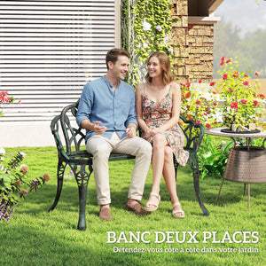 Banc de jardin en aluminium moulé, banc extérieur 2 places avec dossier tulipe, assise florale et accoudoirs, antirouille, pour terrasse, patio, pelouse, 99 x 57 x 78 cm, vert antique