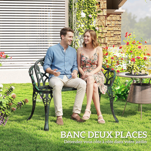 Banc de jardin en aluminium moulé, banc extérieur 2 places avec dossier tulipe, assise florale et accoudoirs, antirouille, pour terrasse, patio, pelouse, 99 x 57 x 78 cm, vert antique