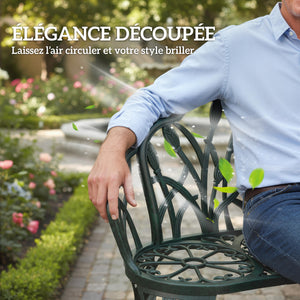 Banc de jardin en aluminium moulé, banc extérieur 2 places avec dossier tulipe, assise florale et accoudoirs, antirouille, pour terrasse, patio, pelouse, 99 x 57 x 78 cm, vert antique