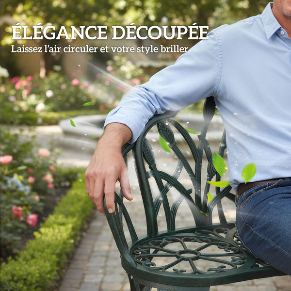 Banc de jardin en aluminium moulé, banc extérieur 2 places avec dossier tulipe, assise florale et accoudoirs, antirouille, pour terrasse, patio, pelouse, 99 x 57 x 78 cm, vert antique